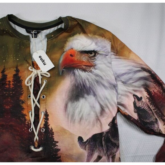 NWT Long Sleeve Graphic Tee With Wolves & Eagle Print By Ouku - Picture 2 of 9